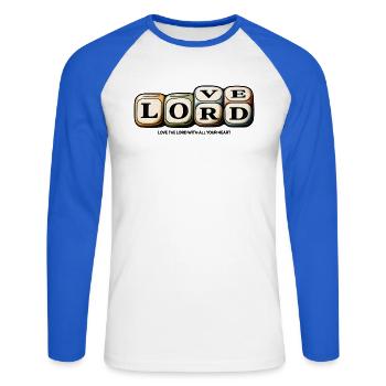 Love the Lord – Christliches Retro Glaubensmotiv - Unisex Baseballshirt langarm - Weiß/Royalblau - Vorne - Nik (191cm)