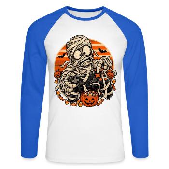 Halloween-Mumien-Gamer vor Retro-Sonne - Unisex Baseballshirt langarm - Weiß/Royalblau - Vorne - Nik (191cm)