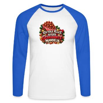 Ich teile alles außer gebrannte Mandeln - Unisex Baseballshirt langarm - Weiß/Royalblau - Vorne - Nik (191cm)
