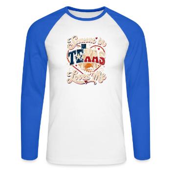 Texas Liebe Vintage Druck - Unisex Baseballshirt langarm - Weiß/Royalblau - Vorne - Nik (191cm)