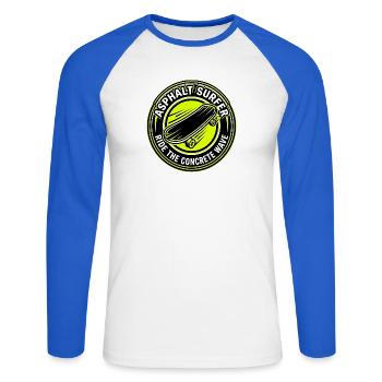 Asphalt Surfer – Longboard-Skater-Abzeichen - Unisex Baseballshirt langarm - Weiß/Royalblau - Vorne - Nik (191cm)