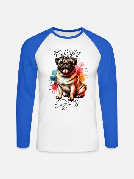 Pug Mädchen Mops - Unisex Baseballshirt langarm - Weiß/Royalblau