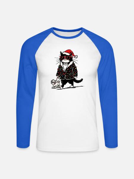 Cool Christmas Lights Cat Walking Dog - Unisex Baseballshirt langarm - Weiß/Royalblau