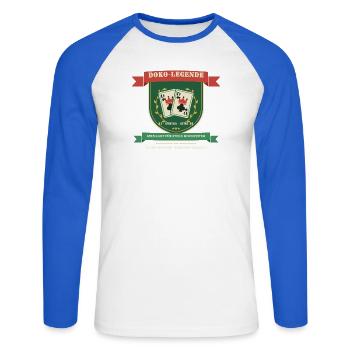 Doppelkopf Legende – Doko Kartenspiel Hochzeit - Unisex Baseballshirt langarm - Weiß/Royalblau - Vorne - Nik (191cm)