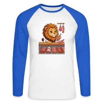 Löwe in der Fleischerei Metzger Chibi Design - Unisex Baseballshirt langarm - Weiß/Royalblau - Vorne - Nik (191cm)