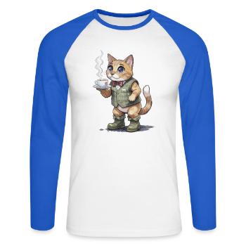 Katze im Tweed-Anzug mit Dampfender Tasse - Unisex Baseballshirt langarm - Weiß/Royalblau - Vorne - Nik (191cm)