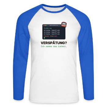 Latenz Lacher: Ping Verspätung - Unisex Baseballshirt langarm - Weiß/Royalblau - Vorne - Nik (191cm)