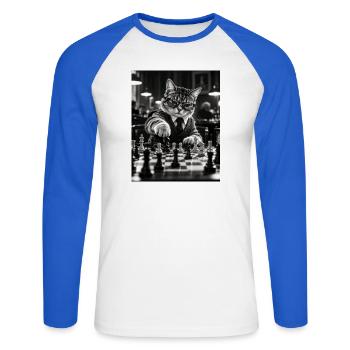 Katze Schachspieler Retro Design - Unisex Baseballshirt langarm - Weiß/Royalblau - Vorne - Nik (191cm)