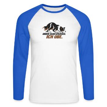 Border Collie - ANDERE GEHEN SPAZIEREN. ICH ÜBE. - Unisex Baseballshirt langarm - Weiß/Royalblau - Vorne - Nik (191cm)