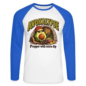 Avocado Apocalypse Prepper Guacamole Food Art - Unisex Baseballshirt langarm - Weiß/Royalblau - Vorne - Nik (191cm)