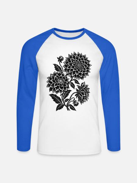 Dahlia-Garten Linoleumschnitt-Botanisches Blumendesign - Unisex Baseballshirt langarm - Weiß/Royalblau