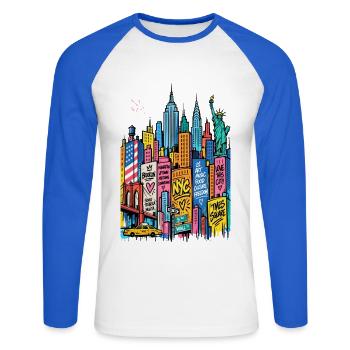 NYC Graffiti-Wolkenkratzer - Unisex Baseballshirt langarm - Weiß/Royalblau - Vorne - Nik (191cm)