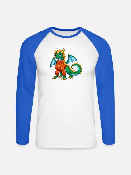 Süßes grünes Drachenmädchen im Herbstpullover - Unisex Baseballshirt langarm - Weiß/Royalblau