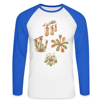 Fleischfresser Pflanzen - Unisex Baseballshirt langarm - Weiß/Royalblau - Vorne - Nik (191cm)