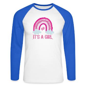 Es ist eine Girl-Regenbogen-Baby-Tiny Feet Geschlechtenenthüllung - Unisex Baseballshirt langarm - Weiß/Royalblau - Vorne - Nik (191cm)