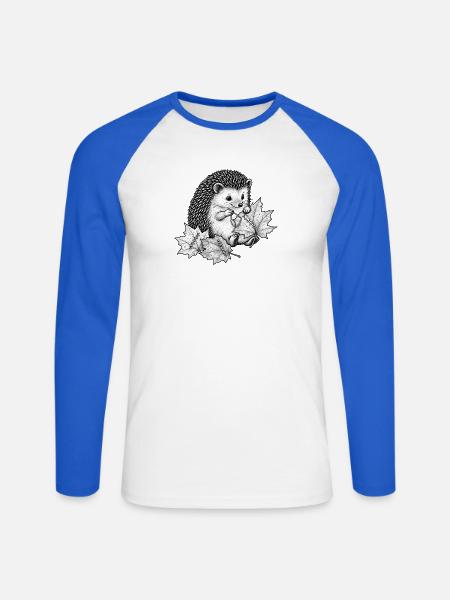 Süßer Igel näht Herbstblätter - Unisex Baseballshirt langarm - Weiß/Royalblau