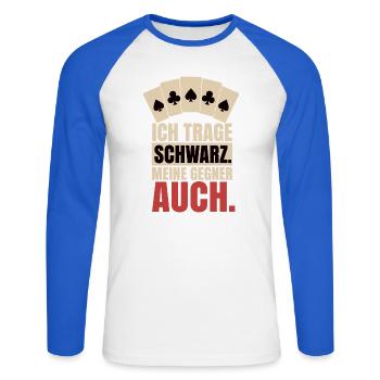 Ich trage Schwarz meine Gegner auch – Skat Doko - Unisex Baseballshirt langarm - Weiß/Royalblau - Vorne - Nik (191cm)