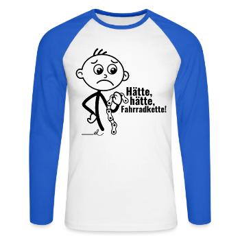 Strichel verlegen mit Fahrradkette: Hätte, hätte!! - Unisex Baseballshirt langarm - Weiß/Royalblau - Vorne - Nik (191cm)
