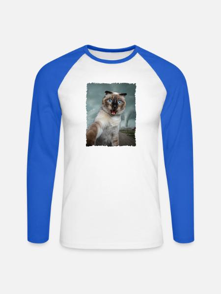 Siamkatze Selfie mit Tornado - Unisex Baseballshirt langarm - Weiß/Royalblau