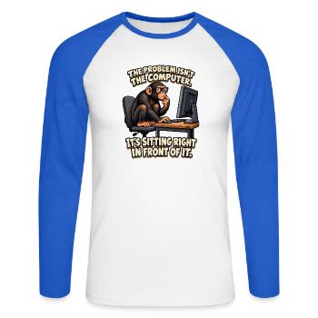 ODDROO – Computerproblem mit Nerd-Schimpanse - Unisex Baseballshirt langarm - Weiß/Royalblau - Vorne - Nik (191cm)