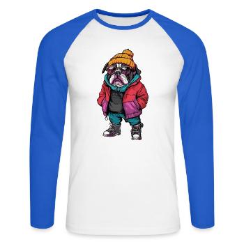 Bulldogge mit Winterjacke und Sonnenbrille - Unisex Baseballshirt langarm - Weiß/Royalblau - Vorne - Nik (191cm)