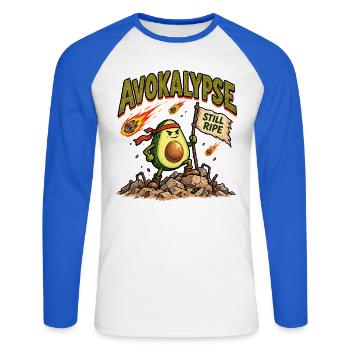 Avocado-Apokalypse immer noch reif, lustiger Food-Krieger - Unisex Baseballshirt langarm - Weiß/Royalblau - Vorne - Nik (191cm)