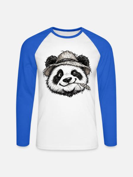 Zwinkernder Bauer-Panda-Strohhut-Niedliche Tierkunst - Unisex Baseballshirt langarm - Weiß/Royalblau