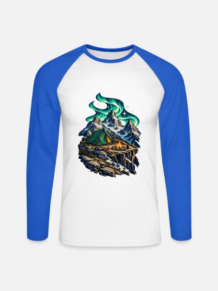 Hochgebirgslager unter einem Polarlichtbogen - Unisex Baseballshirt langarm - Weiß/Royalblau