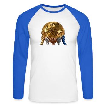 Goldene Erde zwischen verbundenen Händen - Unisex Baseballshirt langarm - Weiß/Royalblau - Vorne - Nik (191cm)