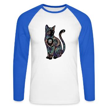 Surreale Katze mit Treppen – Optische Täuschung  - Unisex Baseballshirt langarm - Weiß/Royalblau - Vorne - Nik (191cm)