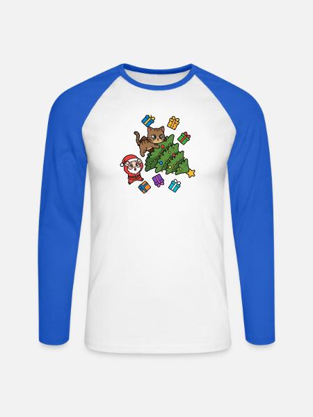 Verspielte Katze mit Weihnachtsbaum - Unisex Baseballshirt langarm - Weiß/Royalblau