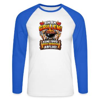 Bin am Grillen – Keine Tipps - Unisex Baseballshirt langarm - Weiß/Royalblau - Vorne - Nik (191cm)
