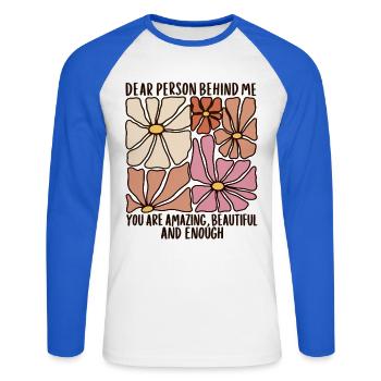 Dear Person Behind Me – Selbstliebe Retro Blumen - Unisex Baseballshirt langarm - Weiß/Royalblau - Vorne - Nik (191cm)