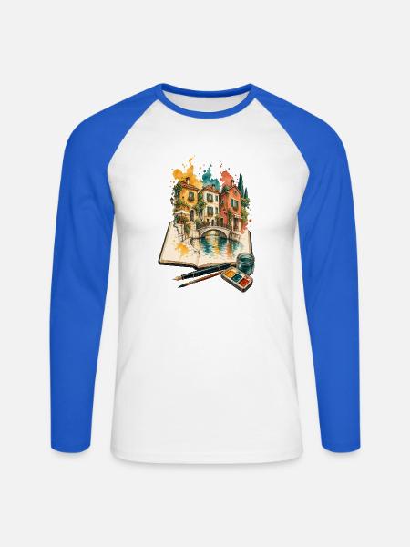 Stadtskizzen im offenen Skizzenbuch - Unisex Baseballshirt langarm - Weiß/Royalblau