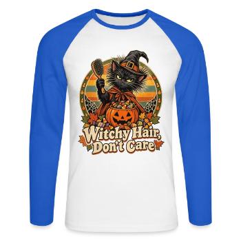 Halloween Hexenkatze Witchy Hair Spruch - Unisex Baseballshirt langarm - Weiß/Royalblau - Vorne - Nik (191cm)