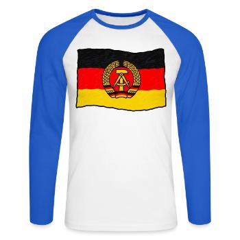 DDR Flagge – Handgezeichnet im Kinderstil - Unisex Baseballshirt langarm - Weiß/Royalblau - Vorne - Nik (191cm)