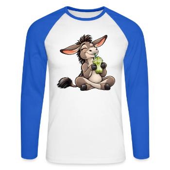 Esel mit Matcha Latte – Süßer Teegenuss - Unisex Baseballshirt langarm - Weiß/Royalblau - Vorne - Nik (191cm)