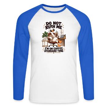 Kaffeezeit Büro Entschleunigung - Unisex Baseballshirt langarm - Weiß/Royalblau - Vorne - Nik (191cm)