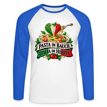 Pasta im Bauch. Italia im Herzen. - Unisex Baseballshirt langarm - Weiß/Royalblau - Vorne - Nik (191cm)
