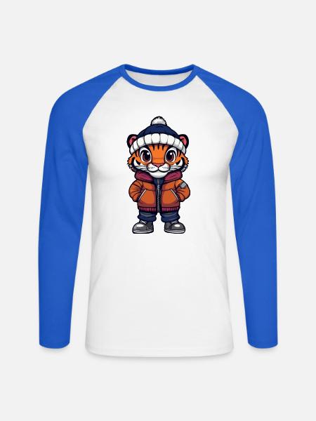 Tiger mit Winterjacke und Mütze - Unisex Baseballshirt langarm - Weiß/Royalblau