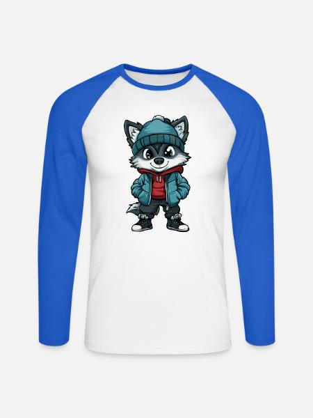 Wolf mit Winterjacke und Mütze - Unisex Baseballshirt langarm - Weiß/Royalblau