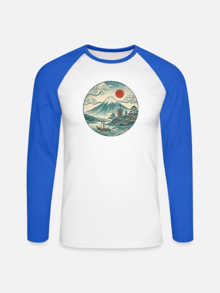 Fuji mit roter Sonne und Pagode - Unisex Baseballshirt langarm - Weiß/Royalblau