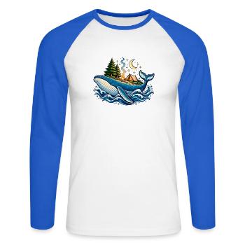 Whale Camp – Magisches Camping auf dem Wal - Unisex Baseballshirt langarm - Weiß/Royalblau - Vorne - Nik (191cm)