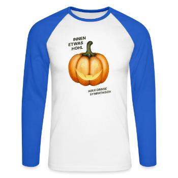 Innen etwas hohl, aber grinse sympathisch - Kürbis - Unisex Baseballshirt langarm - Weiß/Royalblau - Vorne - Nik (191cm)