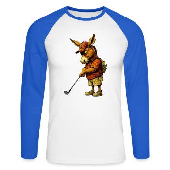Esel Golfer / Golf Esel - Unisex Baseballshirt langarm - Weiß/Royalblau - Vorne - Nik (191cm)