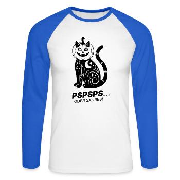 Pspsps oder Saures – Schwarze Katze Halloween - Unisex Baseballshirt langarm - Weiß/Royalblau - Vorne - Nik (191cm)