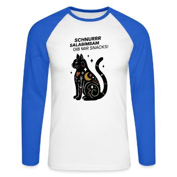 Schnurrrsalabimbam - Gib mir Snacks! - Katze - Unisex Baseballshirt langarm - Weiß/Royalblau - Vorne - Nik (191cm)