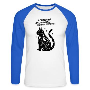 Schnurrrsalabimbam - Gib mir Snacks! - Katze - Unisex Baseballshirt langarm - Weiß/Royalblau - Vorne - Nik (191cm)