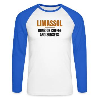 Limassol läuft auf Kaffee und Sonnenuntergängen - Unisex Baseballshirt langarm - Weiß/Royalblau - Vorne - Nik (191cm)