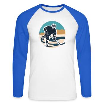 Eishockeyspieler Grafik - Unisex Baseballshirt langarm - Weiß/Royalblau - Vorne - Nik (191cm)